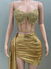 Gold Color Women Sexy 2 Pieces Strapless Bodycon Mini Dress Bar Singer Nightclub Party Celebrate Birthday Dress Wholesale