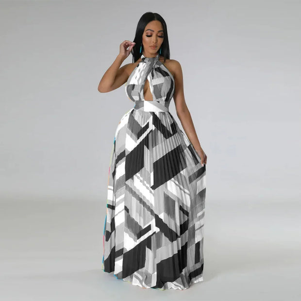 CM.YAYA Women Geometrical Striped Halter Neck Backless Pleated Big Swing Maxi Long Dress 2023 INS Beach Holidaye Party Dresses