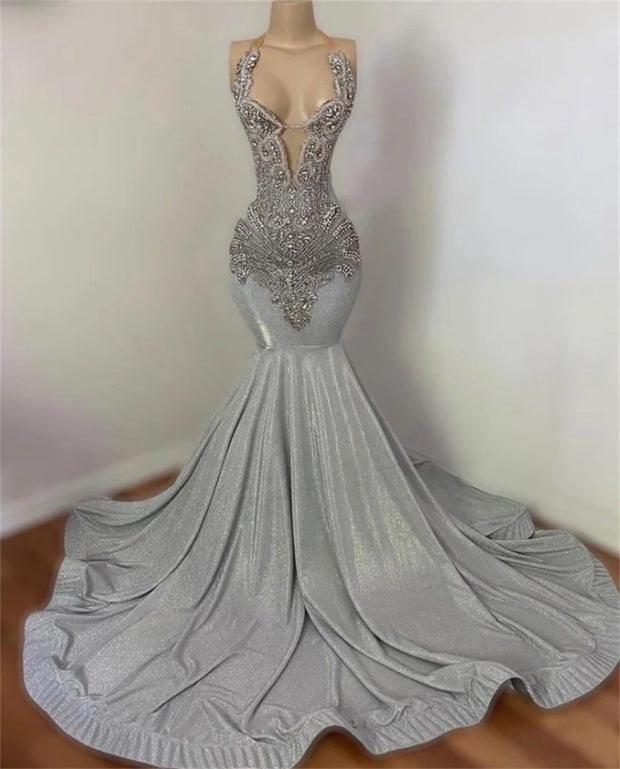 New Arrival 2025 Sparkly Silver Diamonds Mermaid Prom Dress Halter Rhinestones Wedding Party Birthday Evening Gown Customized