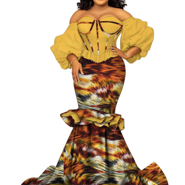 African Women Dresses Riche Cotton African Print Floor-Length Puff Sleeve Party  Wedding Dress African Women Clothes Wy1656