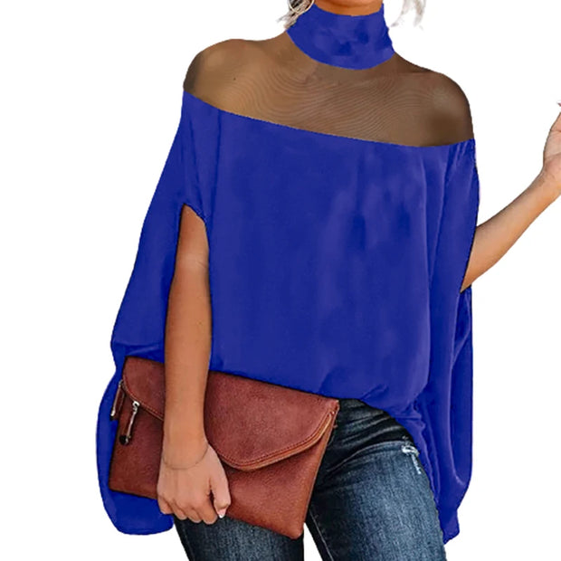 Yeezzi 2024 New Female Fashion See-Through Summer Blouses Batwing Sleeves High-neck Causal Shirts Tops For Women