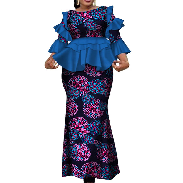 African Two Piece Outfits Set for Women Fashion Dashiki Ruffle Dashiki African Clothes Bazin Plus Size Clothing for Party WY4142