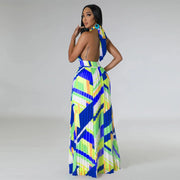 CM.YAYA Women Geometrical Striped Halter Neck Backless Pleated Big Swing Maxi Long Dress 2023 INS Beach Holidaye Party Dresses