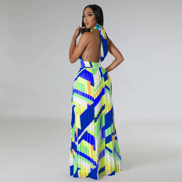 CM.YAYA Women Geometrical Striped Halter Neck Backless Pleated Big Swing Maxi Long Dress 2023 INS Beach Holidaye Party Dresses