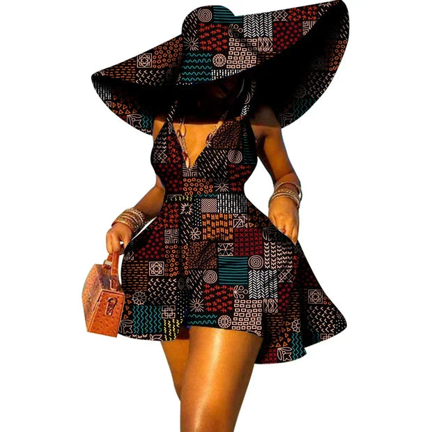 Women Summer Dress African Print Jumpsuit Sexy Sleeveless V-neck Short Pant with Hat Fashion African Clothes Lady Attire WY8844