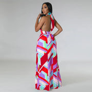 CM.YAYA Women Geometrical Striped Halter Neck Backless Pleated Big Swing Maxi Long Dress 2023 INS Beach Holidaye Party Dresses