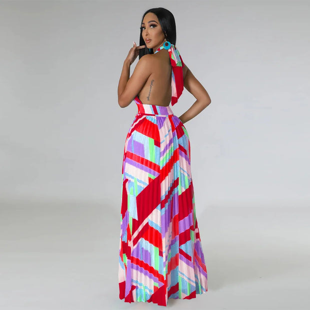 CM.YAYA Women Geometrical Striped Halter Neck Backless Pleated Big Swing Maxi Long Dress 2023 INS Beach Holidaye Party Dresses