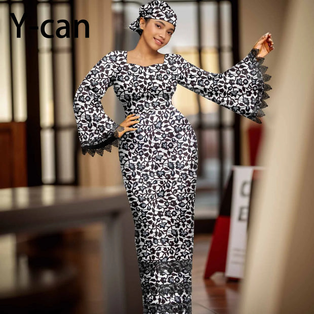 African Dress for Women Elegant Flare Sleeve Lace Dress Slim Fit Party Evening Gown Vestidos with Headwrap African Dress 2425158