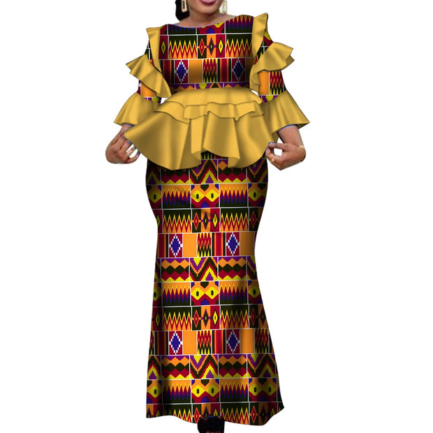 African Two Piece Outfits Set for Women Fashion Dashiki Ruffle Dashiki African Clothes Bazin Plus Size Clothing for Party WY4142