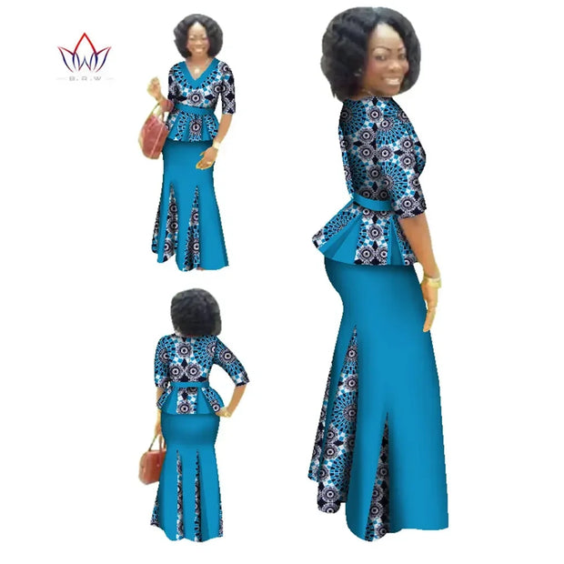 Traditional African Clothing 2 Piece Set Women Clothes Half Sleeve Maxi Dress Dashiki African Print Skirt free Scarf 6XL WY1435