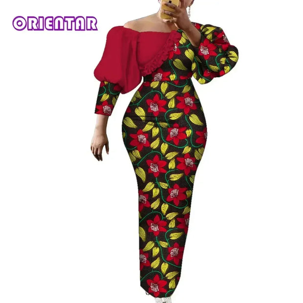 Women Dress African Print Cotton Puff Sleeve Evening Dress African Clothes for Women Elegant Bodycon Long Party Dress WY2122