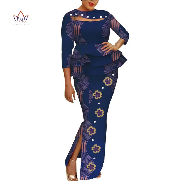 African Wax Print Clothing Women 2 Piece Outfits Set Bazin Riche Applique Flower & Pearls Women Tops and Skirt Set WY3698