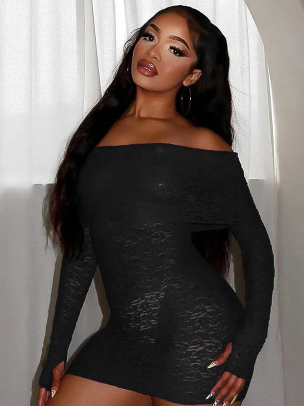 Weird Puss Jacquard Hollow Dress Women Sexy Mesh Patchwork Long Sleeve Slash Neck Autumn Trend Streetwear Party Mini Bodycon