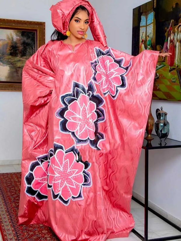 Rose Red Bazin Riche Printed For African Women Ankara Senegal Traditional Wedding Party Clothing Bazin Boubou Dashiki Robe
