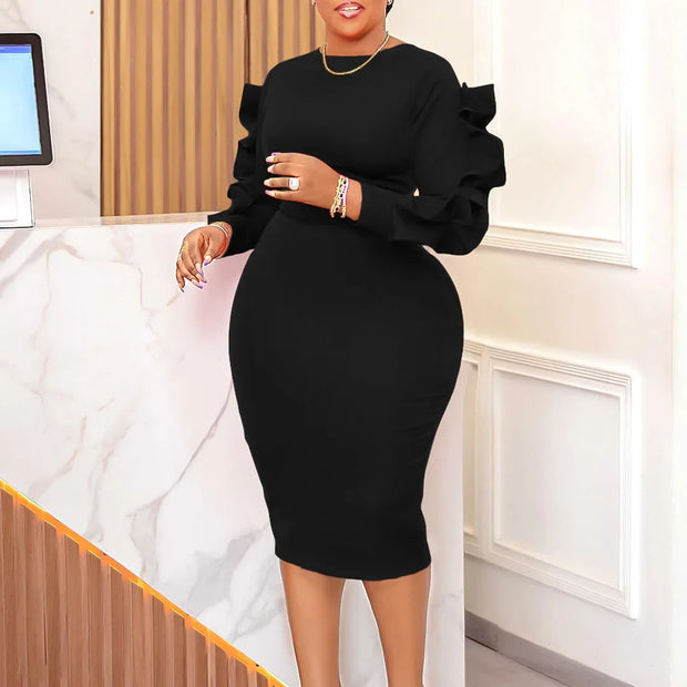 FairyShely 2025 Ruffle Long Sleeve Plus Size Dress Women Large Solid Big Sheath Dresses Lady Spring Party Tight Curvy Dress