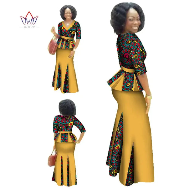 Traditional African Clothing 2 Piece Set Women Clothes Half Sleeve Maxi Dress Dashiki African Print Skirt free Scarf 6XL WY1435