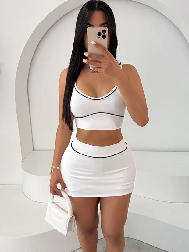 Weird Puss Ribbed 2 Piece Set Women Black String Backless Tank Tops+Side Split Shorts Skirt 2025 Summer New Trend Matching Suits