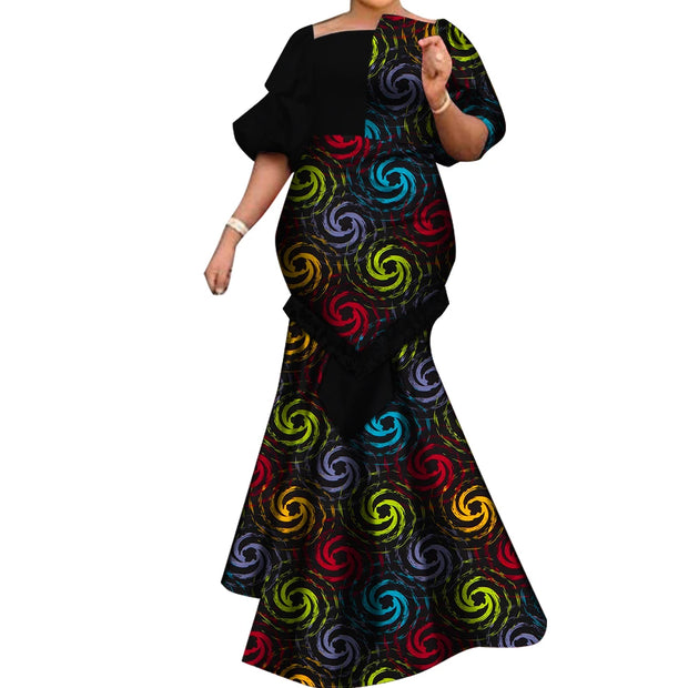 African Dresses for Women Fashion Print Patchwork Ruffle Long Dashiki Dress African Ball Gown for Evening Party WY6824