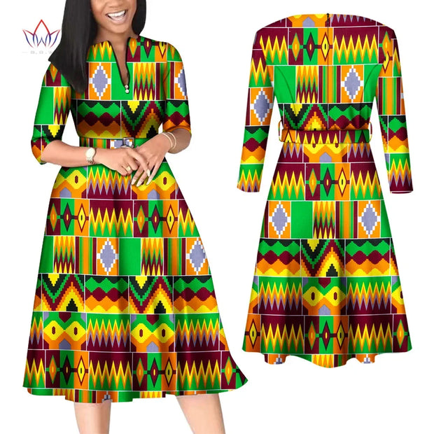 BintaRealWax African Dresses for Women Elegant V Neck Office Midi Dresses with Belt Riche Cotton Africa Print Clothing WY7886