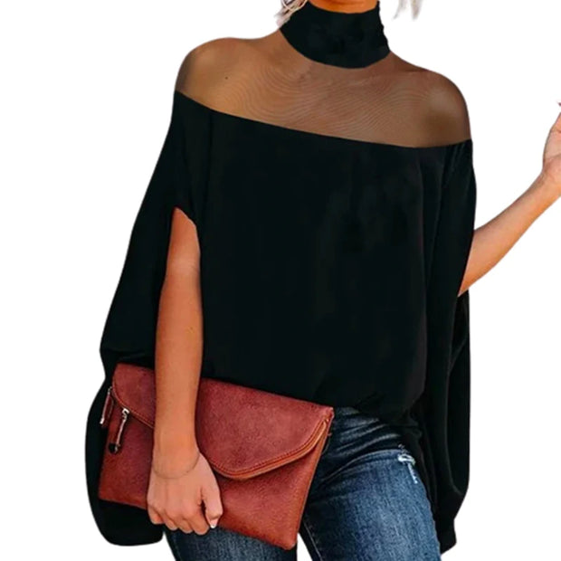Yeezzi 2024 New Female Fashion See-Through Summer Blouses Batwing Sleeves High-neck Causal Shirts Tops For Women