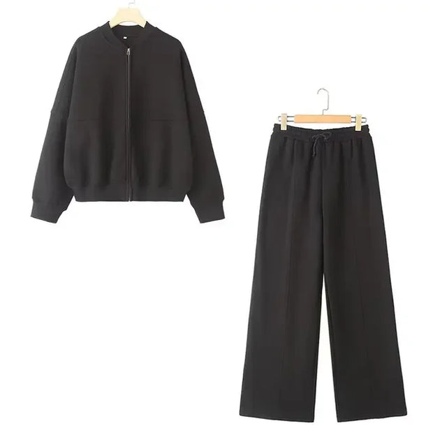 TRAFZA 2024 Autumn Women's Thick Hoodie Coat + Drawstring High Waist Loose Casual Pants Set Lined Fleece Woman's Clothing Street