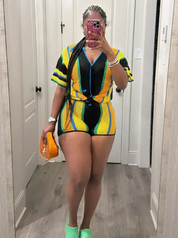 XIZOU Women's Set Striped Knitted Short Sleeve Button Shirt and Shorts 2024 Summer Two 2 Piece Set Outfit Ribbed Tracksuit