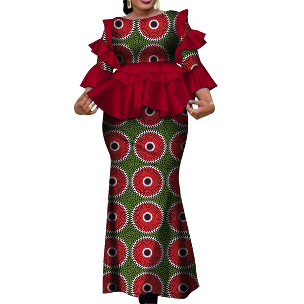 African Two Piece Outfits Set for Women Fashion Dashiki Ruffle Dashiki African Clothes Bazin Plus Size Clothing for Party WY4142
