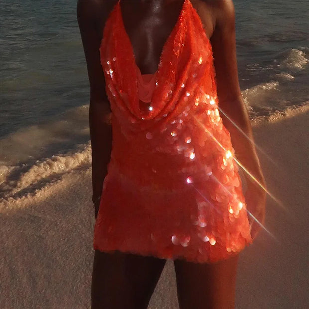 Sexy Sequin Halter Mini Dress Women Backless Lace Up Slim Party Club Dresses Female 2025 Summer Lady Bodycon Y2K Orange Robes
