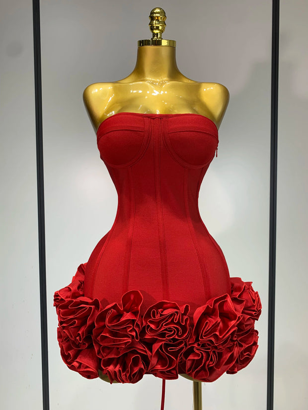 Women Evening Bandage Dress Strapless Bodycon Flowers Mini Celebrity Sexy Birthday Party Dresses Photo Shoot Nightclub Outfit