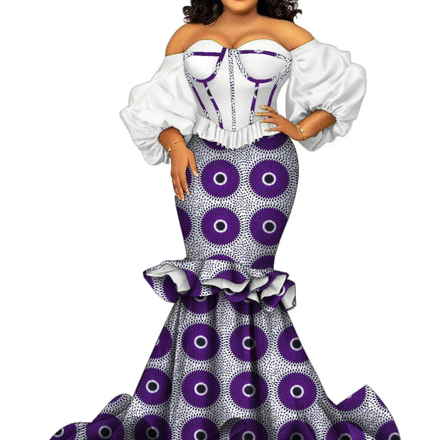 African Women Dresses Riche Cotton African Print Floor-Length Puff Sleeve Party  Wedding Dress African Women Clothes Wy1656