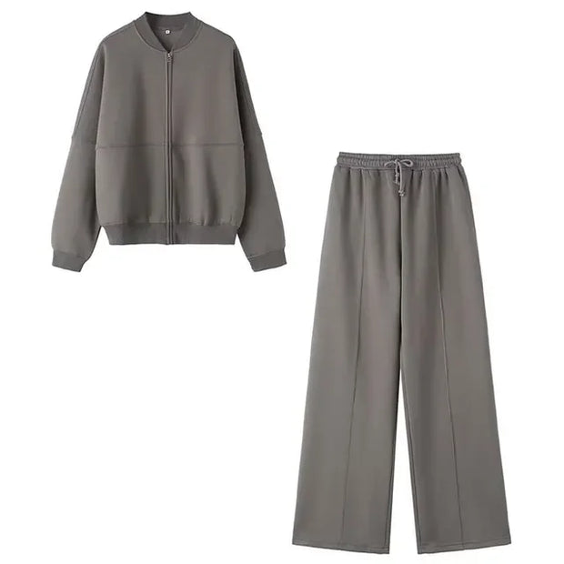 TRAFZA 2024 Autumn Women's Thick Hoodie Coat + Drawstring High Waist Loose Casual Pants Set Lined Fleece Woman's Clothing Street