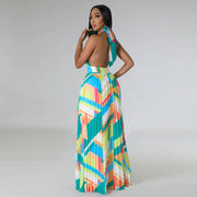 CM.YAYA Women Geometrical Striped Halter Neck Backless Pleated Big Swing Maxi Long Dress 2023 INS Beach Holidaye Party Dresses