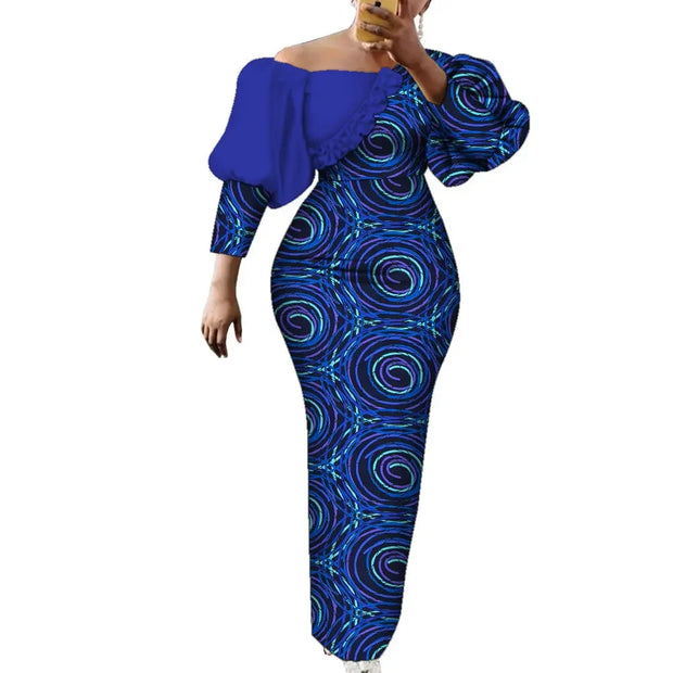 Women Dress African Print Cotton Puff Sleeve Evening Dress African Clothes for Women Elegant Bodycon Long Party Dress WY2122