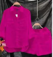 Fashion White Long Sleeve Shirt And Shorts Two Piece Sets Woman 2024 Spring Cotton Linen Casual Home 2 Piece Set For Women