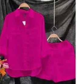 Fashion White Long Sleeve Shirt And Shorts Two Piece Sets Woman 2024 Spring Cotton Linen Casual Home 2 Piece Set For Women