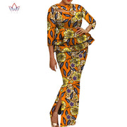 African Wax Print Clothing Women 2 Piece Outfits Set Bazin Riche Applique Flower & Pearls Women Tops and Skirt Set WY3698