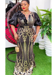 Plus Size African Wedding Party Dresses for Women Dashiki Ankara Sequin Evening Gown Elegant Turkey Outfit Robe Africa Clothes