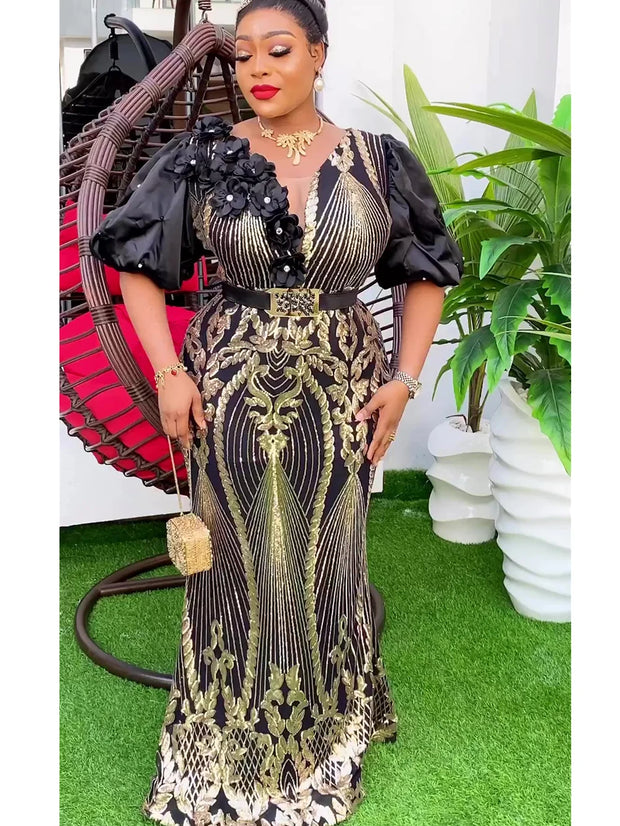 Plus Size African Wedding Party Dresses for Women Dashiki Ankara Sequin Evening Gown Elegant Turkey Outfit Robe Africa Clothes