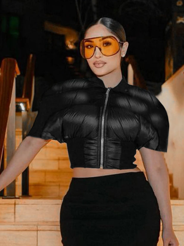 Weird Puss Hipster Zip Jacket Women Thick Padded Autumn New Fashion Shorts Sleeve Quilted Padded Casual Basic Wild Streetwear