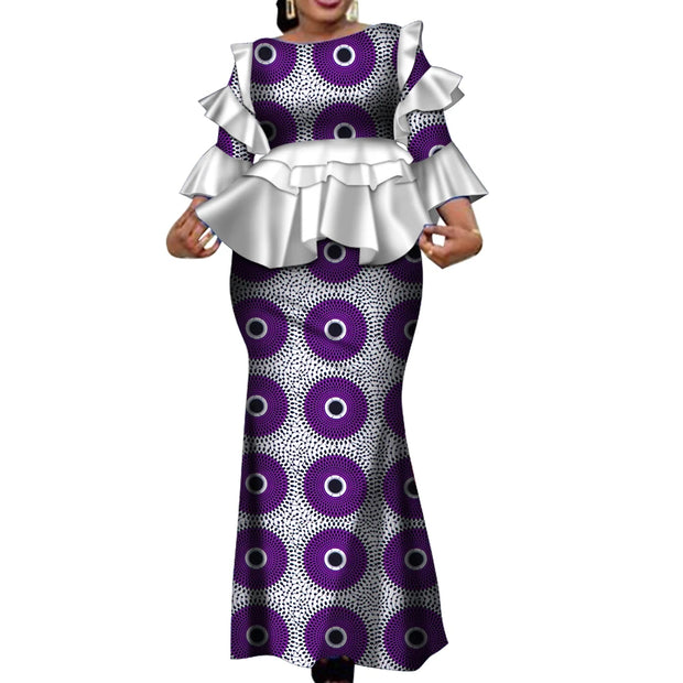 African Two Piece Outfits Set for Women Fashion Dashiki Ruffle Dashiki African Clothes Bazin Plus Size Clothing for Party WY4142