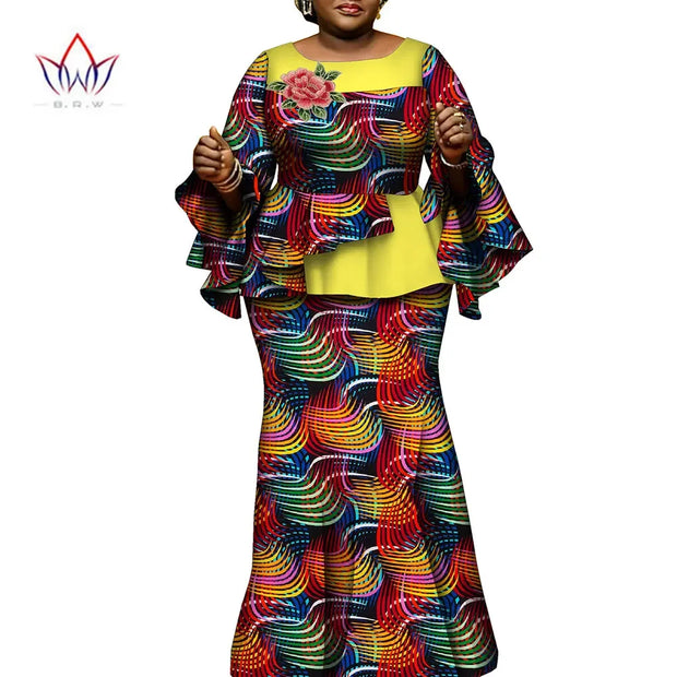African Clothes for Women 2 Pieces Outfits Set African Print Pleated Tops and Long Skirts Traditional Clothing Party WY10413