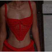Sexy Knitted Tanks Skirts Set Women Chic Hollow-out Backless Sling Crop Top Hip Package Long Skirt 2025 New Female Beach Outfits