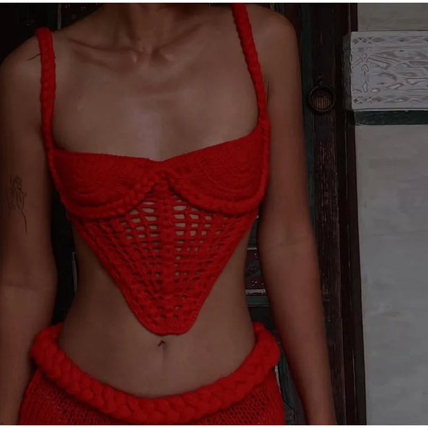 Sexy Knitted Tanks Skirts Set Women Chic Hollow-out Backless Sling Crop Top Hip Package Long Skirt 2025 New Female Beach Outfits