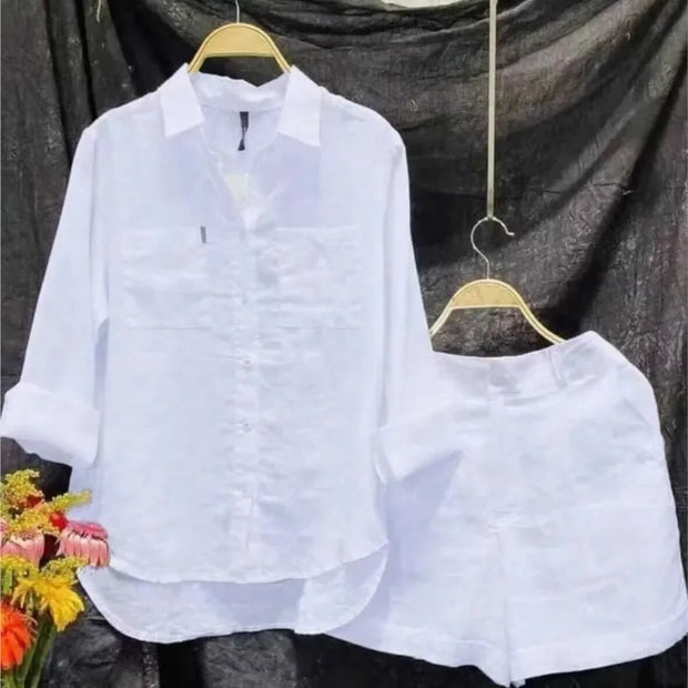 Fashion White Long Sleeve Shirt And Shorts Two Piece Sets Woman 2024 Spring Cotton Linen Casual Home 2 Piece Set For Women