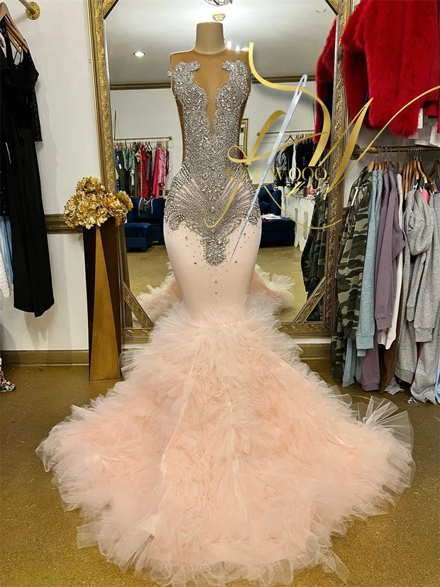 New Elegant Diamonds Prom Dress Glitter Crystals Rhinestone Beads Ruffles Luxury Birthday Party Dress Evening Gown Customized