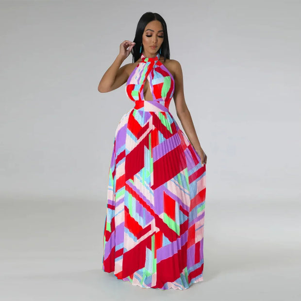 CM.YAYA Women Geometrical Striped Halter Neck Backless Pleated Big Swing Maxi Long Dress 2023 INS Beach Holidaye Party Dresses