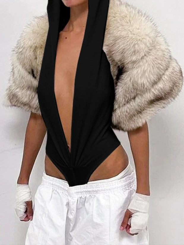 Weird Puss Hooded Bodysuit Women Summer Simple Deep v-Neck Short Sleeve Tops Trend Hipster Solid Clubwear Stretch Tight Bodycon