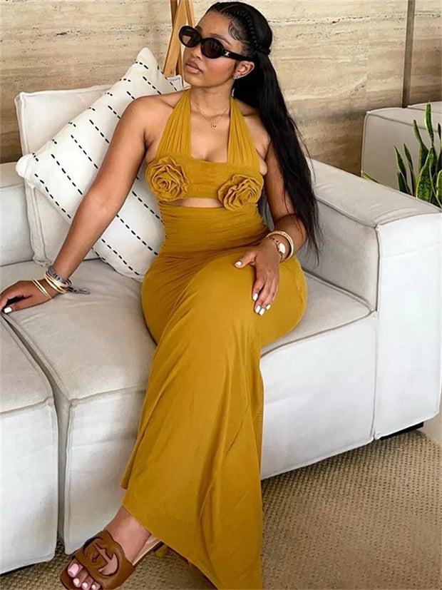 Weird Puss Ruched Applique Dress Women Sexy Bandage Halter Hollow Sleeveless Robe Street Trend Stretch Backless Long Bodycon
