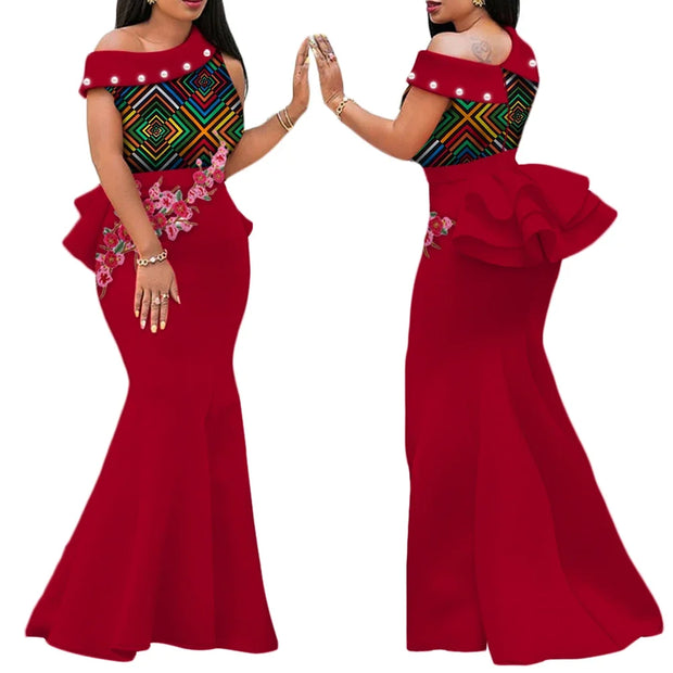 African Print Dresses for Women Riche Applique Draped Peals Long Dress Party Vestidos Traditional African Lady Clothing WY444