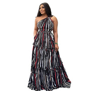 CM.YAYA 2024 Summer Women’s Sleeveless Striped Print Backless One-Shoulder Dress Night Club Party Evening Long Maxi Dresses